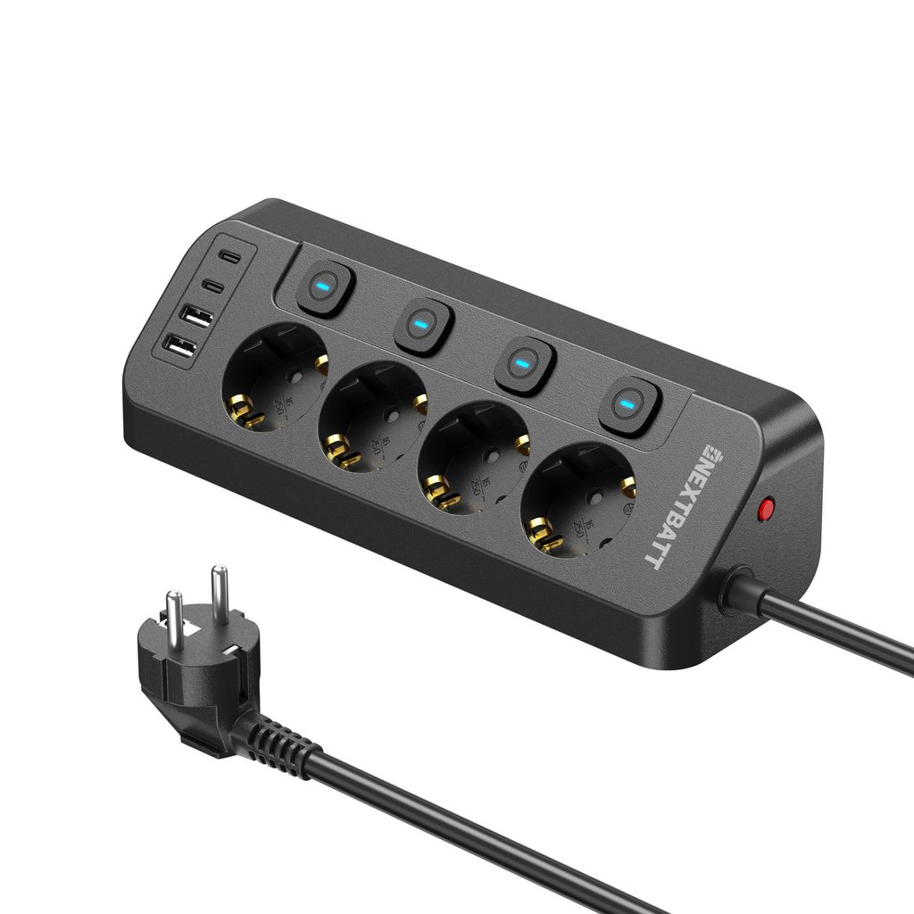 Produktbild för NEXTBATT Snabbladdande Grendosa - 4 Uttag - 2x USB-A - 2x USB-C - 1.8m – Svart