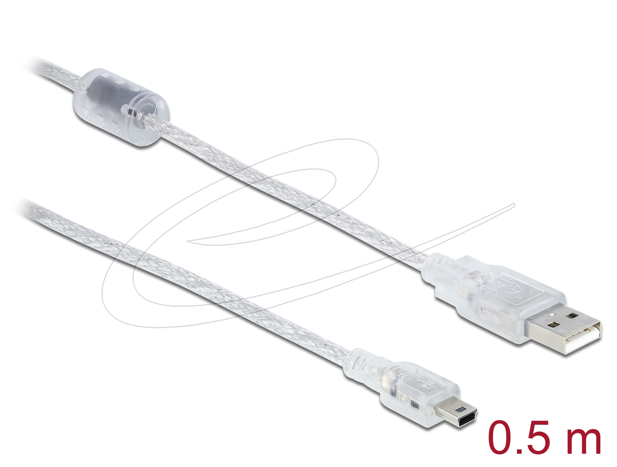 Produktbild för DeLock USB kabel - USB-A hante tilll USB Mini-B hane - 0,5m - Transparent