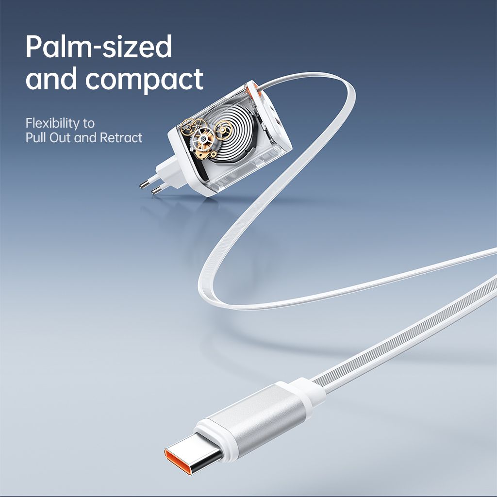 Produktbild för SiGN Snabbladdare med utdragbar kabel - GaN - USB-C / USB-A - 65W - Vit