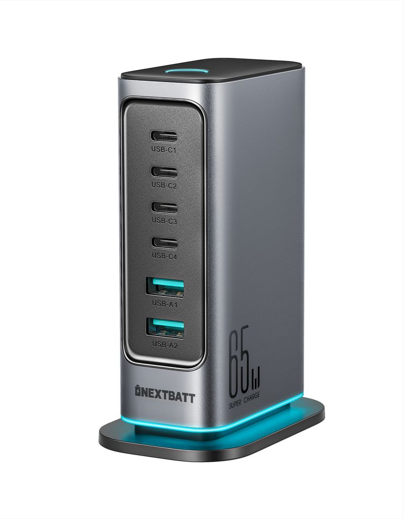 Produktbild för NEXTBATT 6-in-1 - 65W GaN Multi USB Charger - 4 USB-C - 2 USB-A
