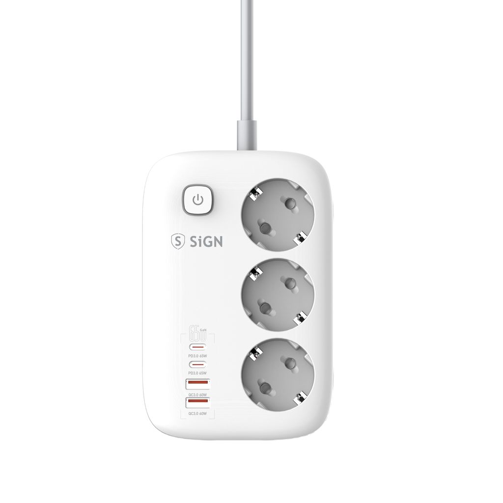 Produktbild för SiGN Snabbladdande Grendosa - 65W GaN - 3 uttag - 2x USB-A - 2x USB-C - 2m - Vit