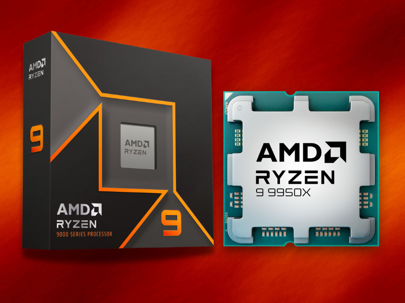 En bild på AMD Ryzen 9 9950X förpackning och ett illustrerat CPU Chipp