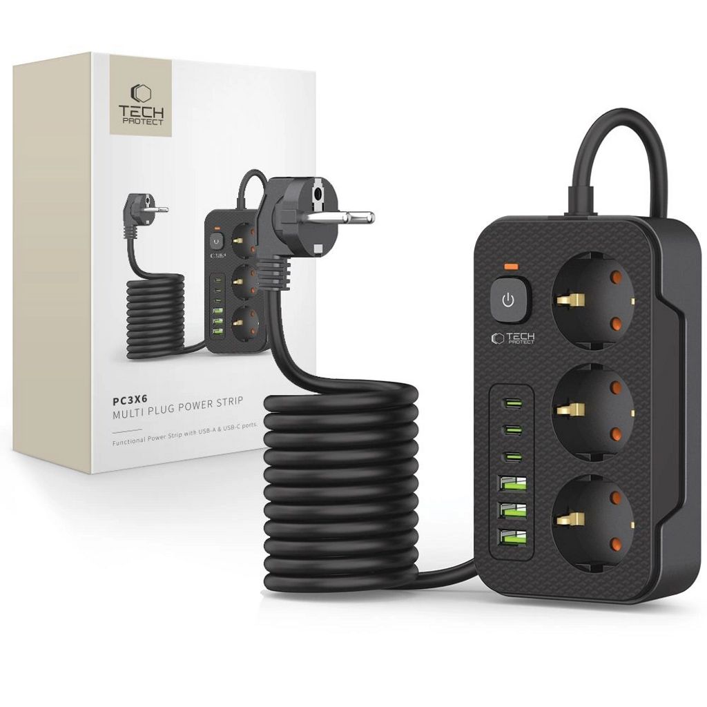 Produktbild för Tech-Protect Grendosa 3 x 240V - 3xUSB-A - 3xUSB-C - 200cm