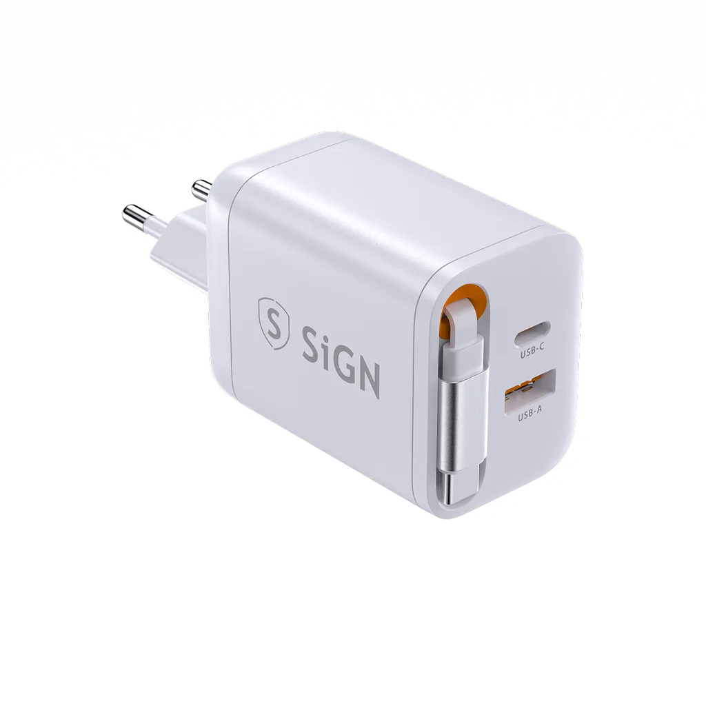 Produktbild för SiGN GaN Fast Charger USB-C/USB-A 40W with extendable USB-C cable - White